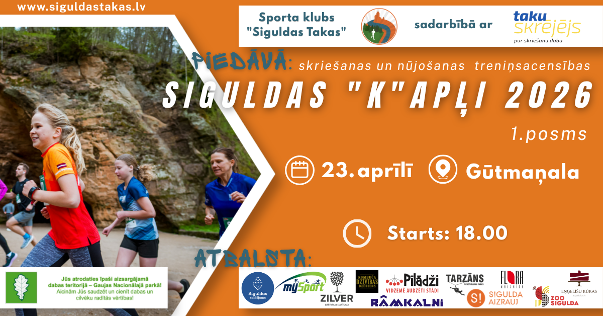 Aicinām ikvienu — skolēnus, ģimenes, draugus vai darba kolēģus jeb vienkārši visus, kam patīk aktīva atpūta svaigā gaisā ejot vai skrienot — pievienoties aizraujošajam taku skriešanas seriālam “SIGULDAS “K” APĻI 2026”!